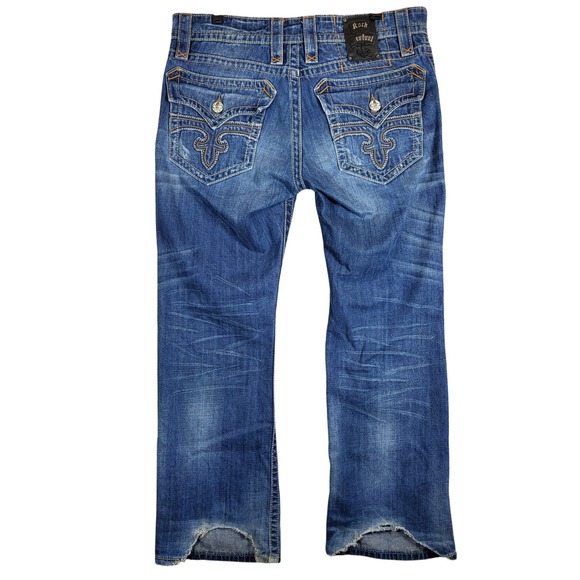 Rock Revival Roger Boot Cut Jeans Mens Size 34 Fits 36x31 Distressed Denim Read* - Picture 2 of 13